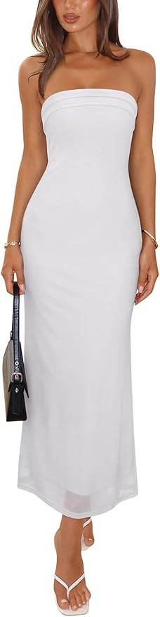 REORIA Women's 2026 Summer Floral Mesh Strapless Midi Dress Backless Beach Wedding Guest Cocktail... | Amazon (US)