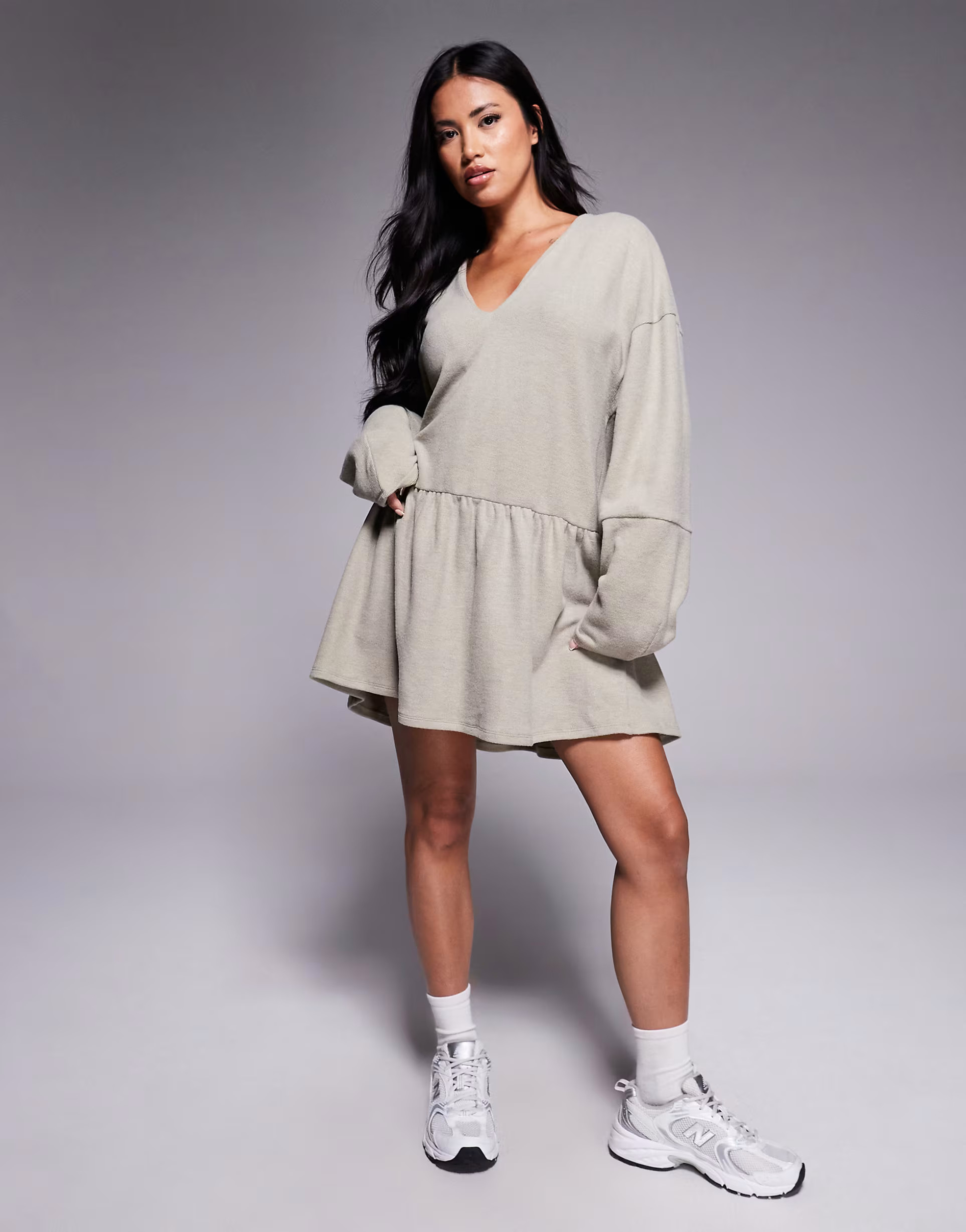 ASOS DESIGN supersoft V front dropped waist mini dress in taupe | ASOS (Global)