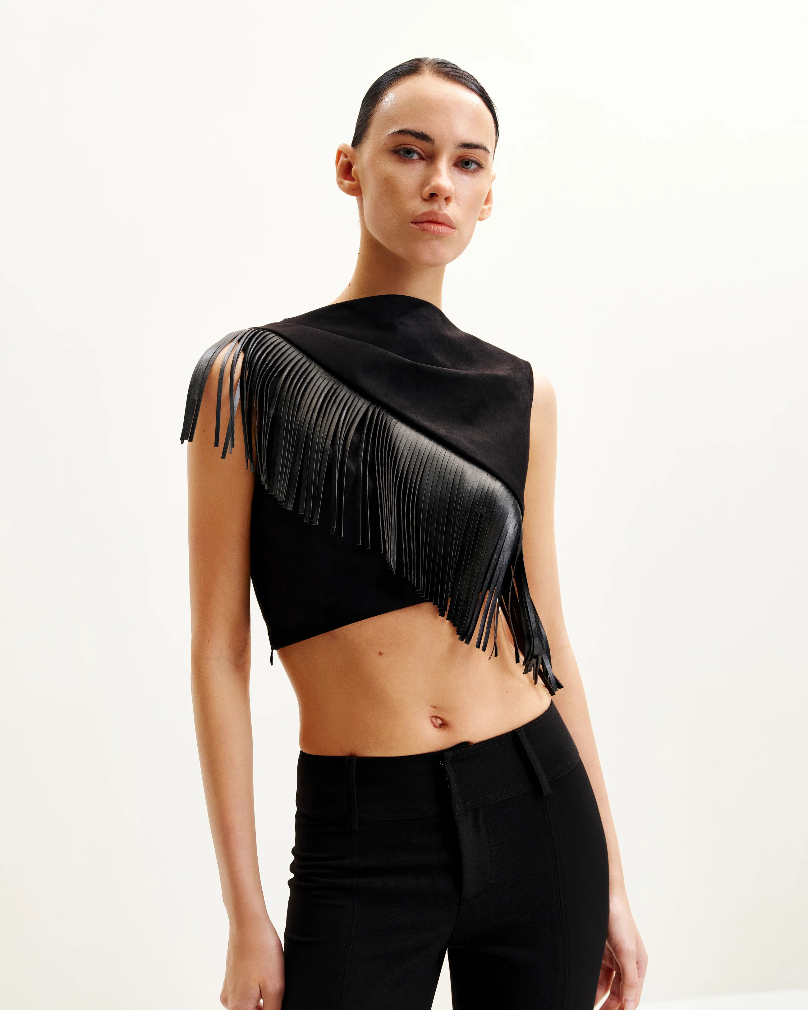 Ariana Asymmetric Fringe Sueded Top - Black | JW PEI US