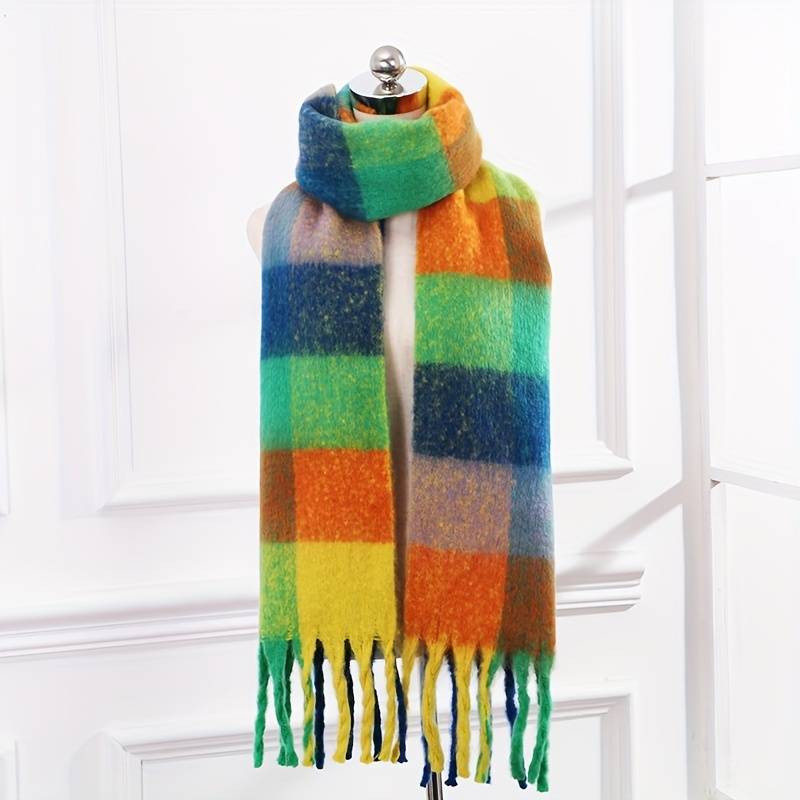 Elegant Contrast Color Chunky Scarf Stylish Mohair Tassel - Temu | Temu Affiliate Program