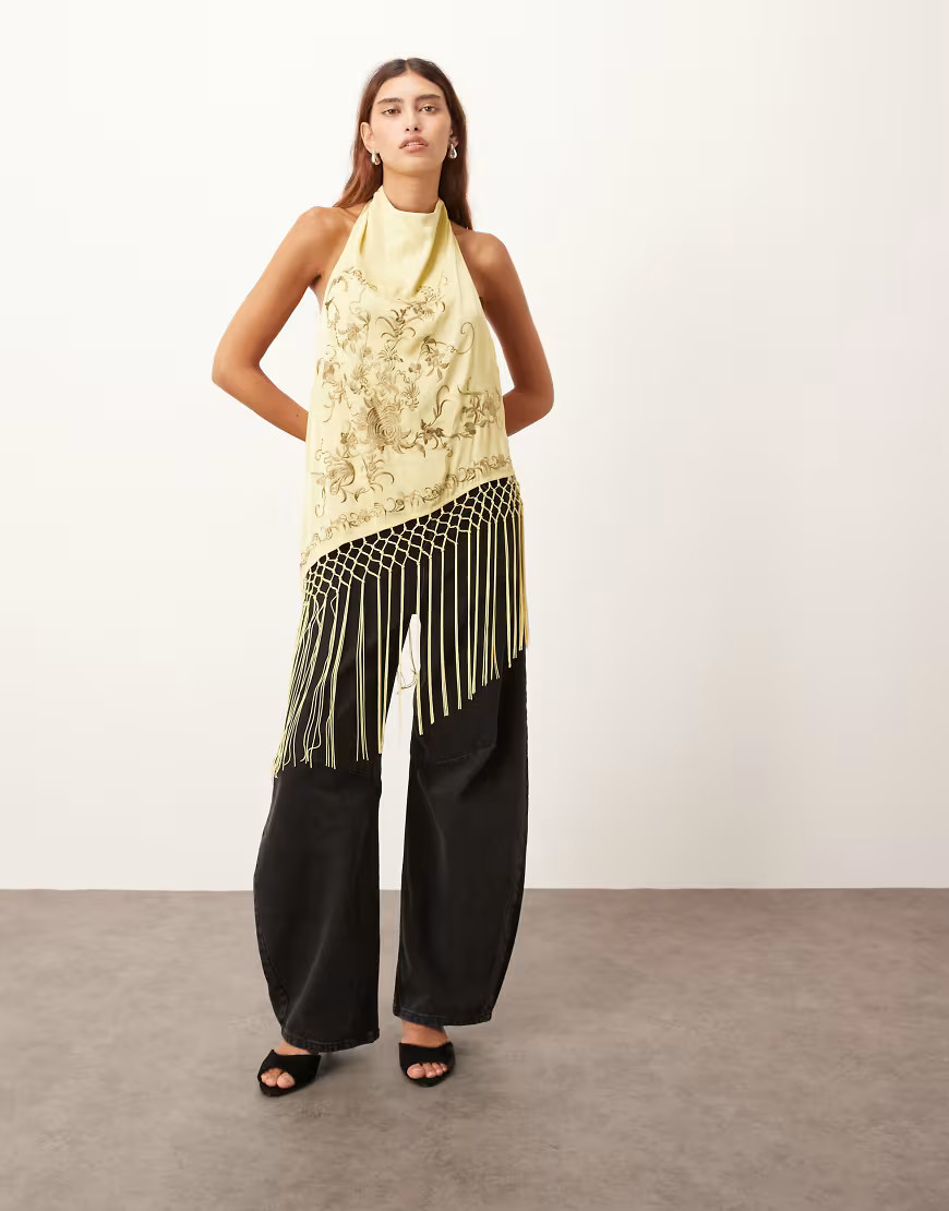 ARRANGE embroidered halterneck asymmetric fringe hem longline top in olive green | ASOS (Global)
