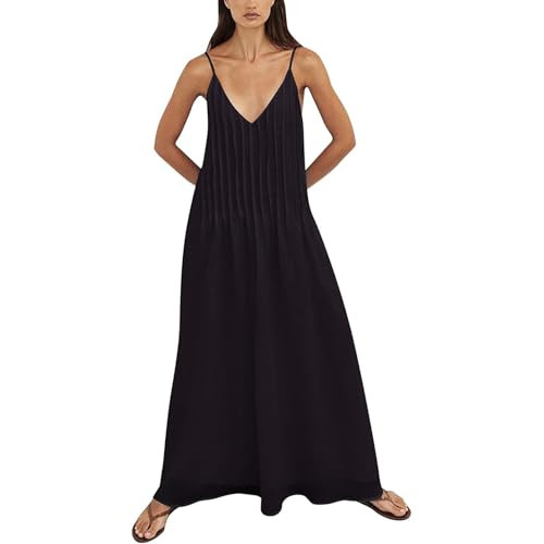 Women Summer Dresses Pleated Maxi Dresss Sleeveless Spaghetti Strap V Neck Beach Vacation Long Fl... | Amazon (US)