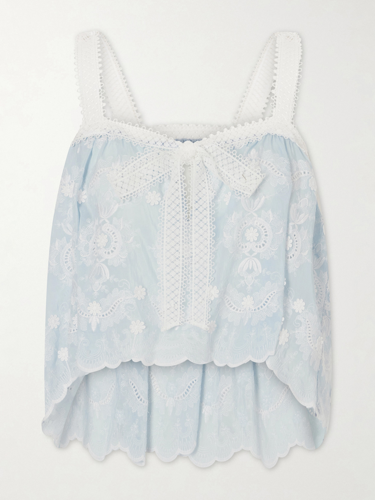 Miguelina - Kaila Cropped Asymmetric Bow-detailed Embroidered Silk-blend Voile Top - Blue | NET-A-PORTER (US)