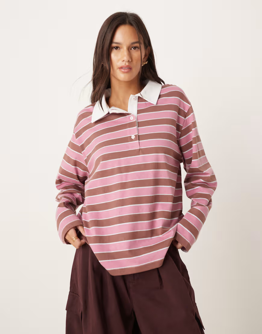 ASOS DESIGN - Polo de rugby oversize coupe carrée à rayures - Rose | ASOS (Global)