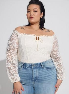 Stretch Lace Off Shoulder Corset Seamed Long Sleeve Top | Torrid (US & Canada)