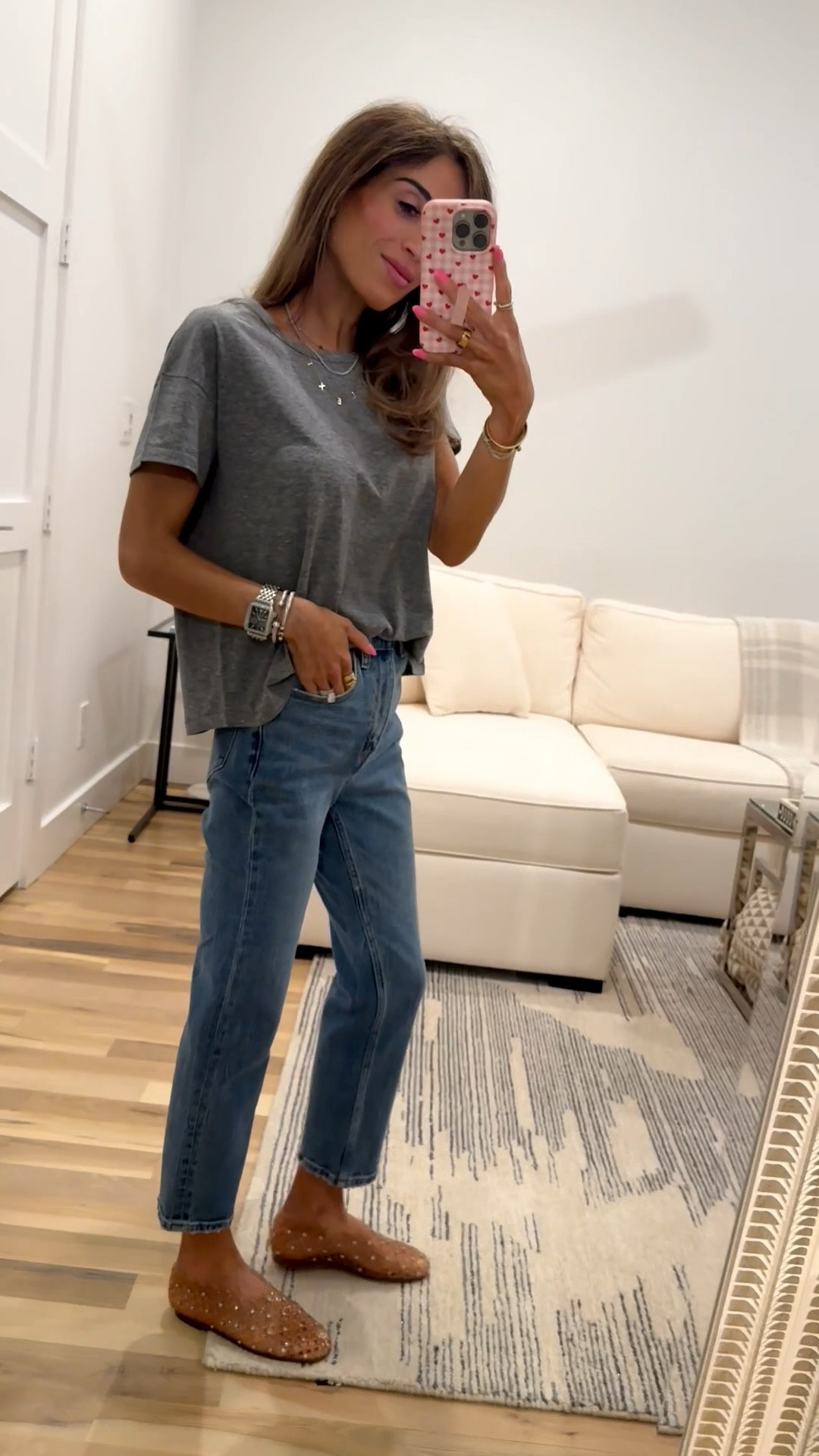 Super soft basic grey tee size xs with straight ankle jeans size 23 clear jelly shoes 
Spring lido idea petite friendly 

#LTKootd #LTKPetite