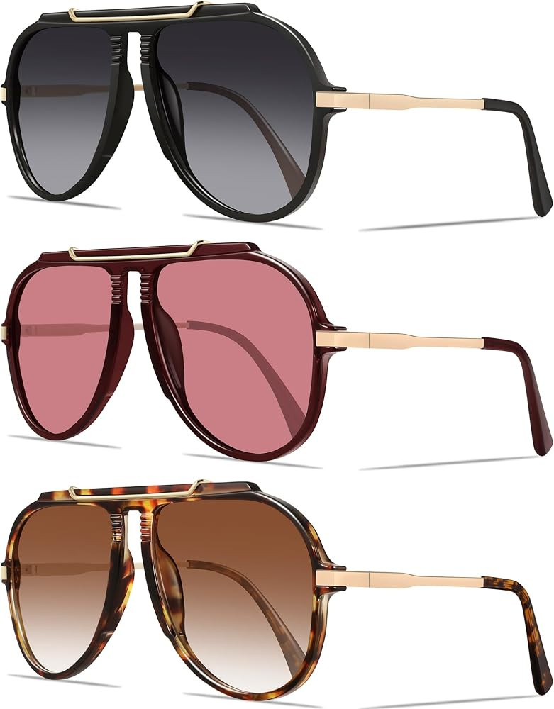 Retro Oversized Aviator Sunglasses for Women Men Trendy 70s Metal Gold Tangle Free Big Sun Glasse... | Amazon (US)