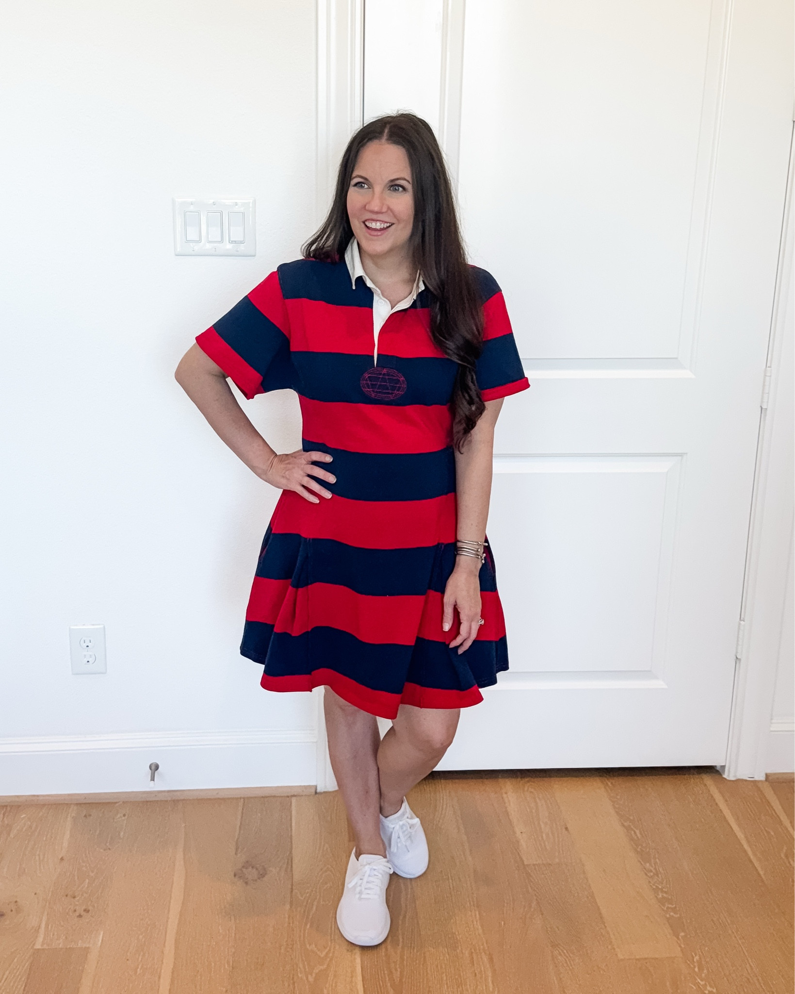 Fall outfit / fall transitional outfit / fall transition outfits / red and navy short sleeve dress / striped polo dress / white sneakers / David yurman bracelet stack / mom outfit / casual preppy outfit / preppy fall / summer to fall outfit / fall street style 



#LTKPetite #LTKSeasonal #LTKOver40