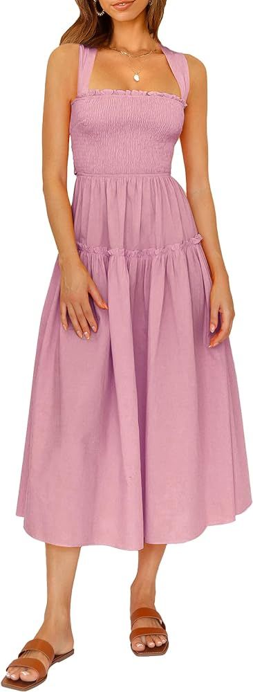 PRETTYGARDEN Women's 2024 Summer Maxi Dress Halter Neck Backless Ruffle Smocked Casual Long Flowy... | Amazon (US)