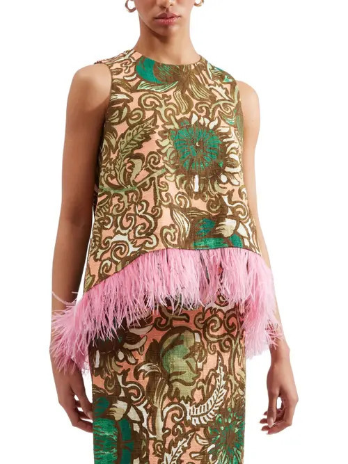 La DoubleJ La Scala Top With Feathers Anemone Pink Olive at Nordstrom, Size Large | Nordstrom