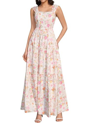 KUTUMAI Floral Maxi Long Dress Lace Up Square Neck Flowy Summer Wedding Guest Dresses for Women 2026 PinkFloral M | Amazon (US)