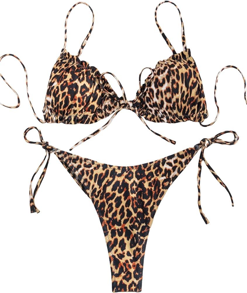 OYOANGLE Women's 2 Piece Bikini Sets Leopard Print Spaghetti Strap Tie Side Bathing Suit Swimsuit... | Amazon (US)