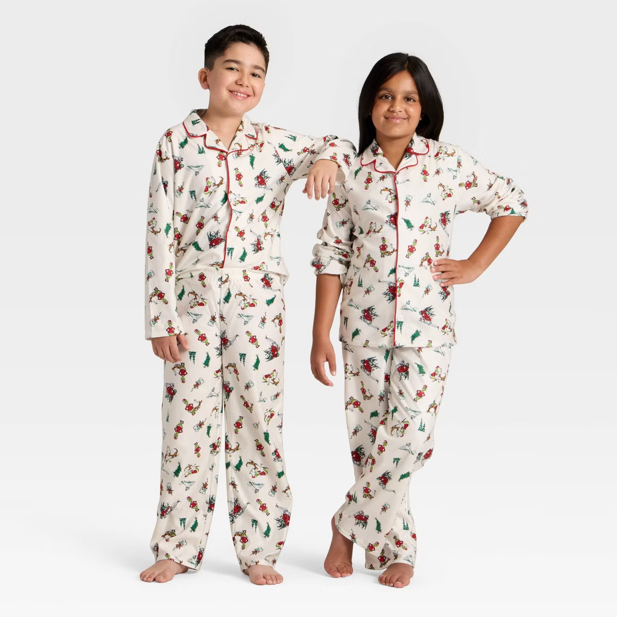 Kids' The Grinch Long Sleeve Shirt and Pants Holiday Matching Family Sleep Pajama Set - Cream | Target