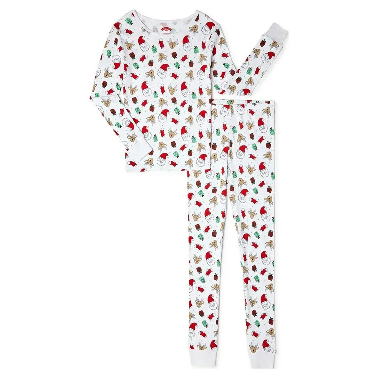 Holiday Time Girls Christmas Cotton Tight Fit Long Sleeve Shirt and Pants Pajama Set, 2-Piece, Si... | Walmart (US)