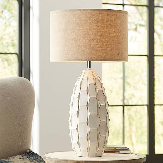 Cosgrove Mid Century Modern Tall Table Lamp Ceramic White Handcrafted Beige Fabric Drum Shade Dec... | Amazon (US)