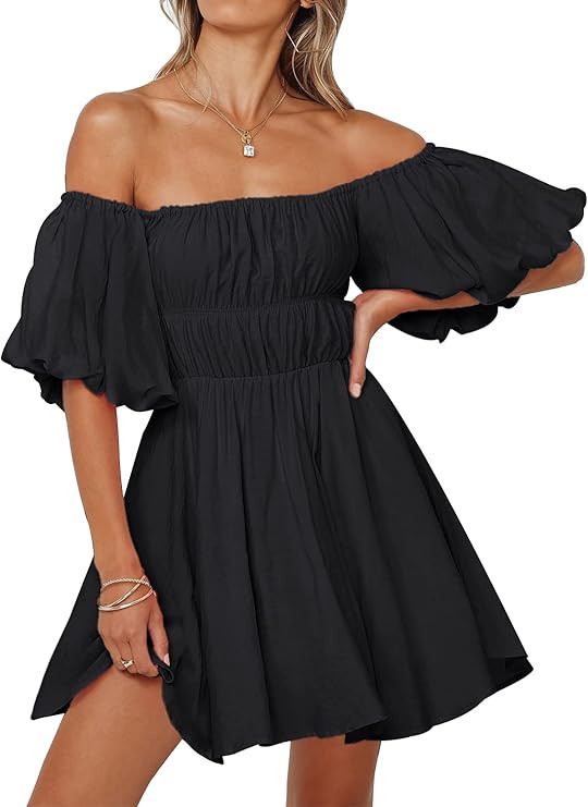 MIHOLL Womens Summer Sexy Off Shoulder Puff Sleeve Ruffled Casual Mini Dress | Amazon (US)