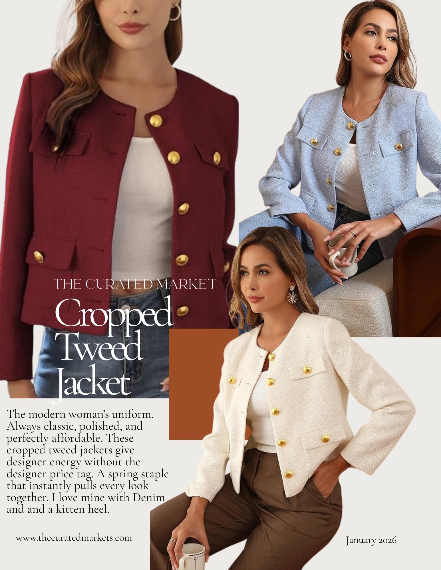 The modern woman's uniform.
Always classic, polished, and perfectly affordable. These cropped tweed jackets give designer energy without the designer price tag. A spring staple that instantly pulls every look together. I love mine with Denim and a cute comfy kitten heel.

#SpringStyle #ModernChic #AffordableFashion #TweedJacket #EffortlessStyle

#LTKMidsize #LTKgrwm #LTKootd