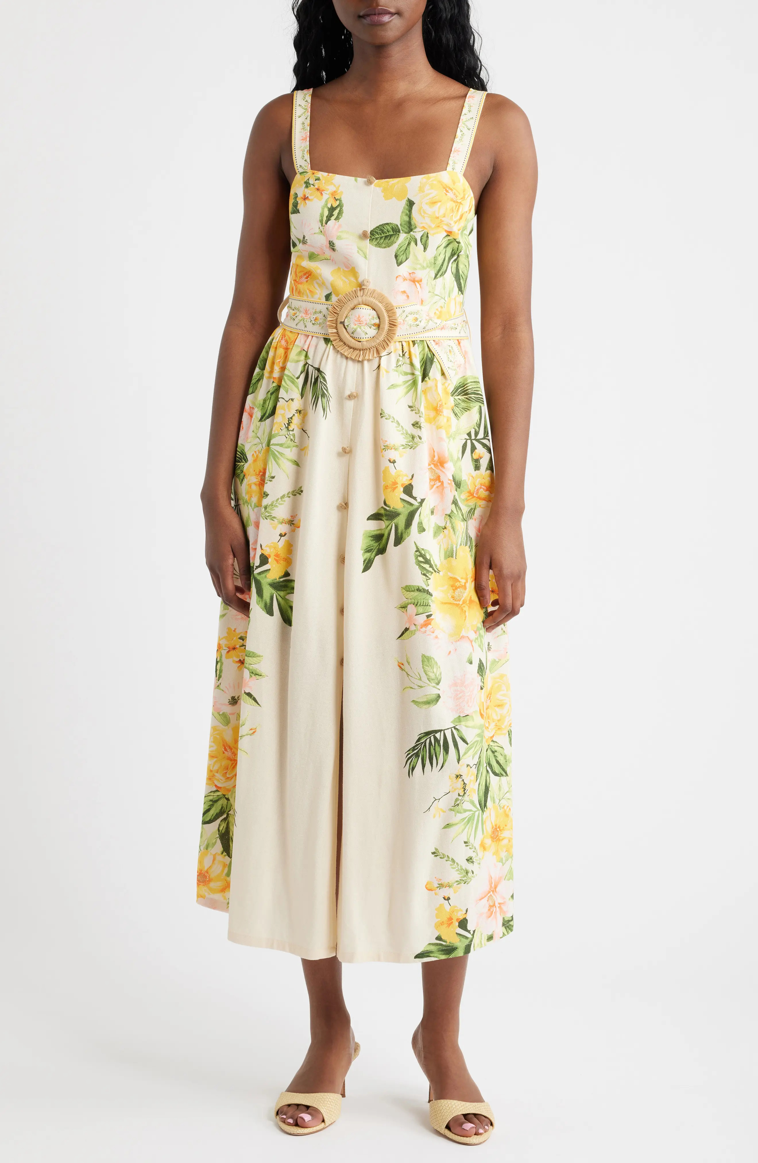 MOON RIVER Floral Belted Midi Sundress in Cream Multi at Nordstrom, Size Large | Nordstrom