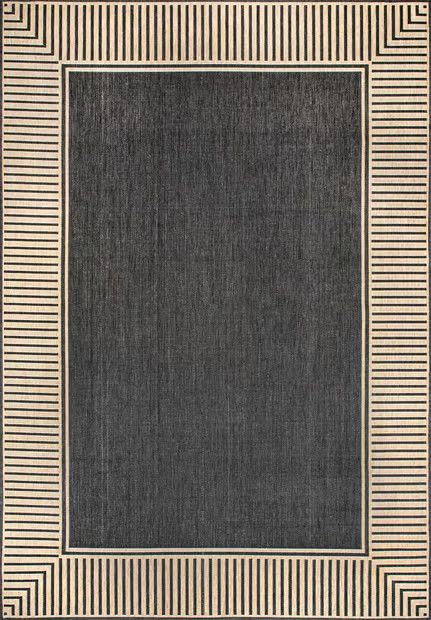 Dark Gray Striped Border Indoor/Outdoor Flatweave 6' 7" x 9' Area Rug | Rugs USA