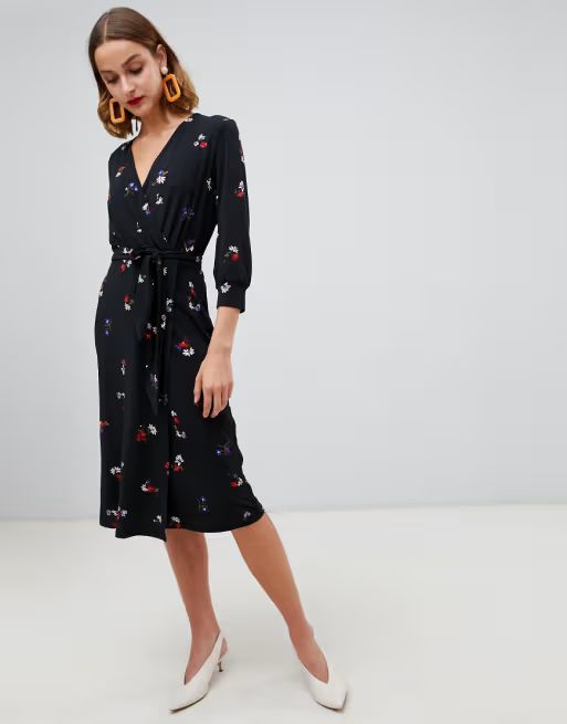 Warehouse floral print wrap dress in black | ASOS US