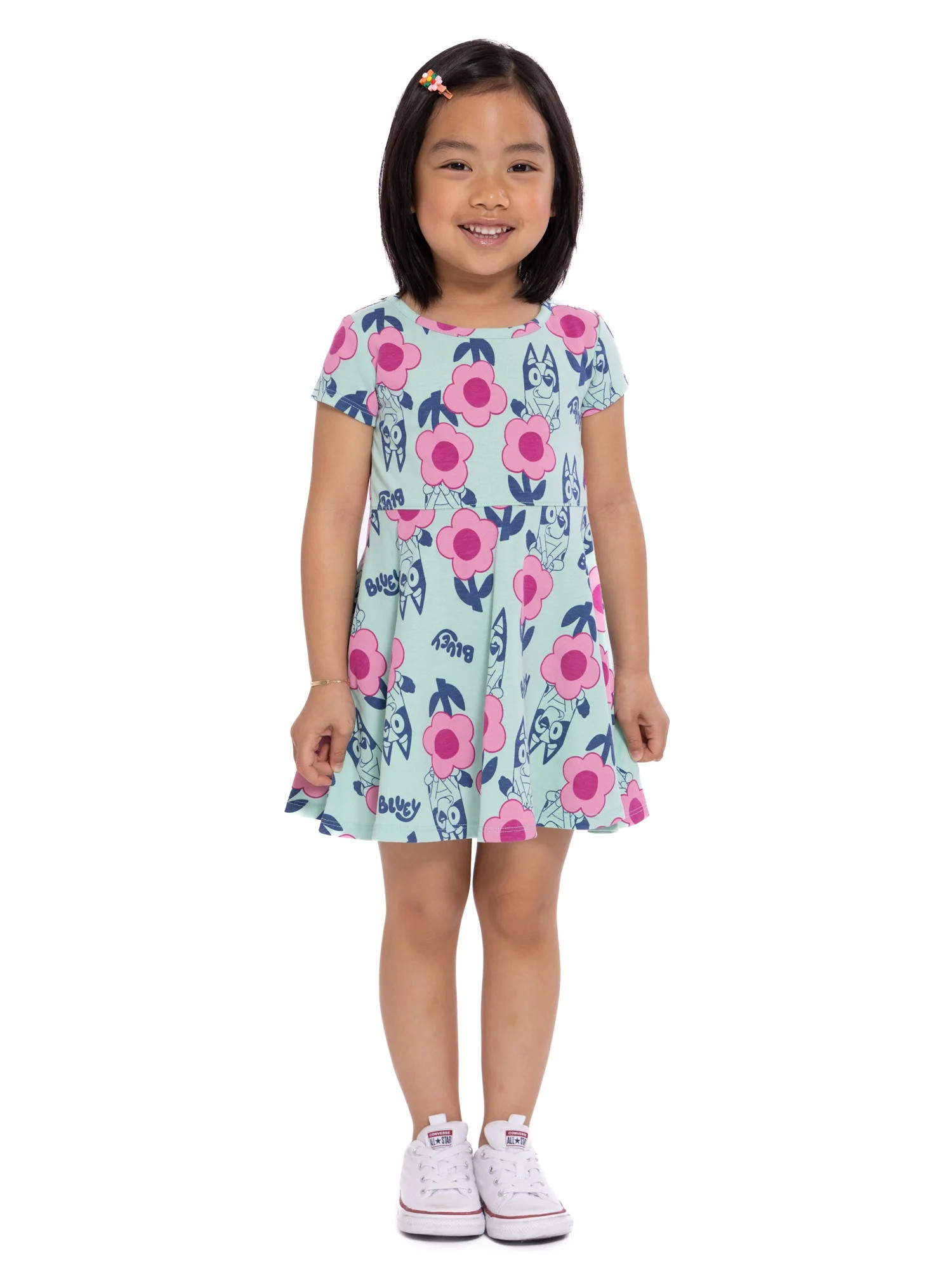 Bluey Toddler Girls Flower Print Dress with Short Sleeves, Sizes 12M-5T | Walmart (US)