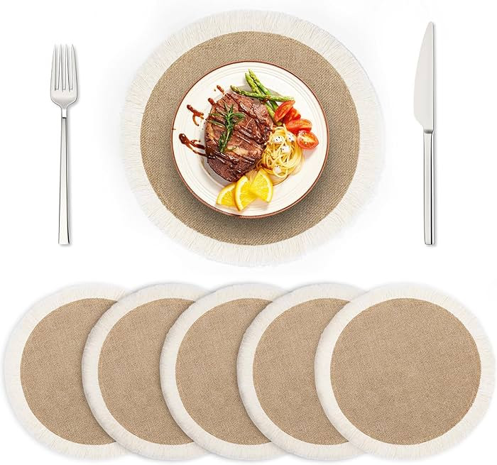 Round Burlap Placemats Set of 6, 15″ Rustic Braided Natural Jute Placemats with Tassel, Boho Wo... | Amazon (US)