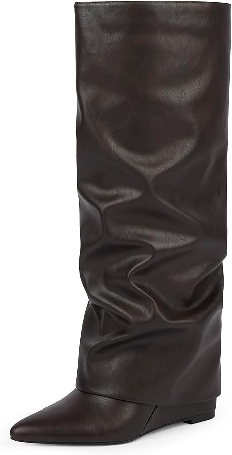 Modatope Knee High Boots Women Fold Over Boots Wedge Heel Slouchy Tall Boots Zipper Pointed Toe D... | Amazon (US)