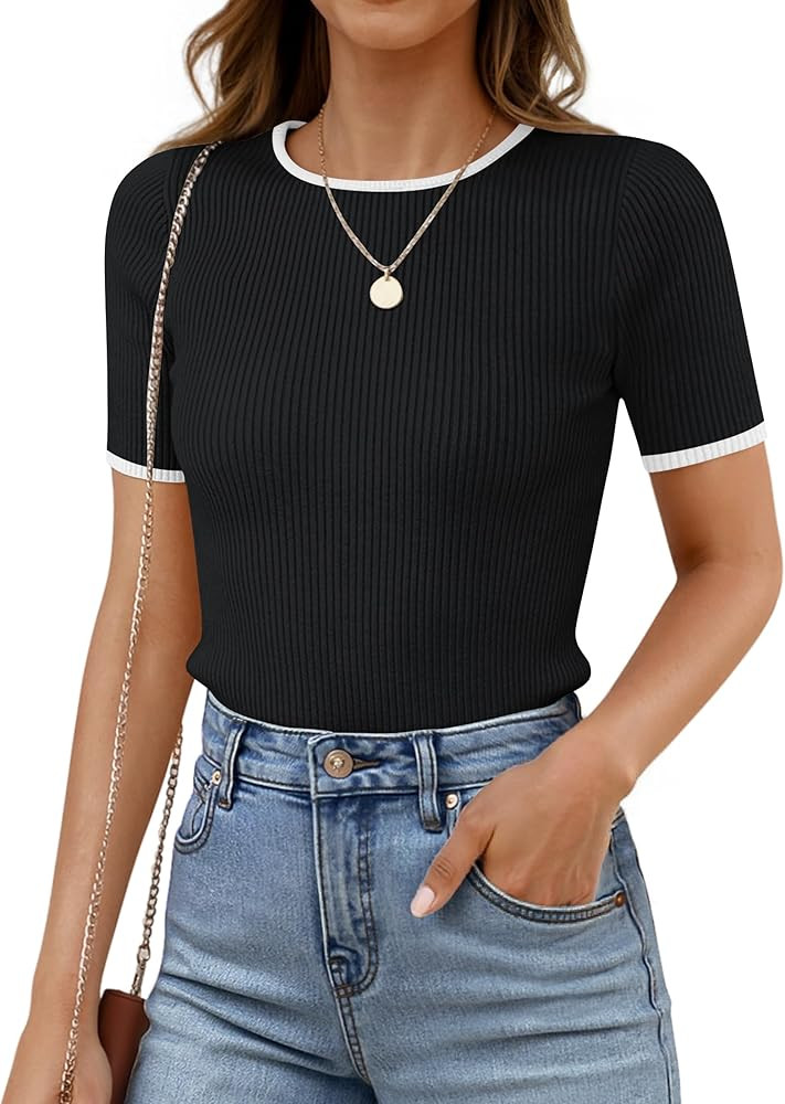 ZESICA Women's Summer Short Sleeve Ribbed Knit Slim Fit T Shirt 2026 Crewneck Basic Casual Color ... | Amazon (US)
