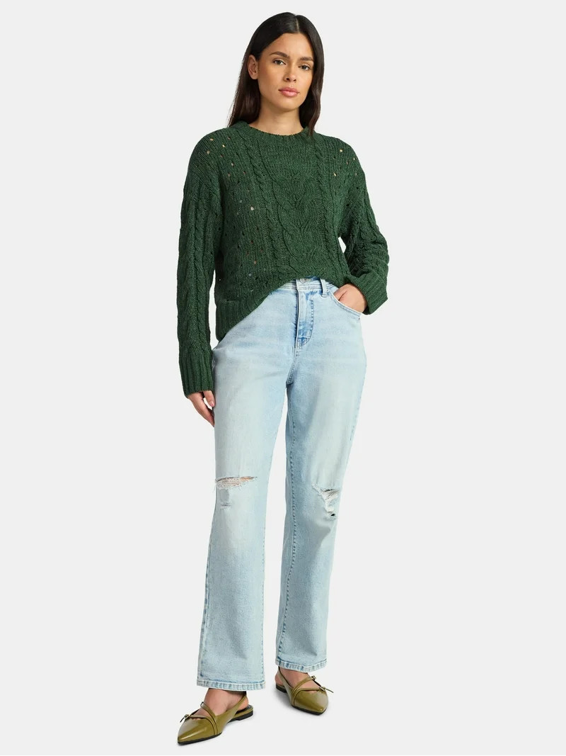 Time and Tru Women's Cable Knit Pullover Sweater with Long Sleeves, Midweight, Sizes XS-XXXL | Walmart (US)