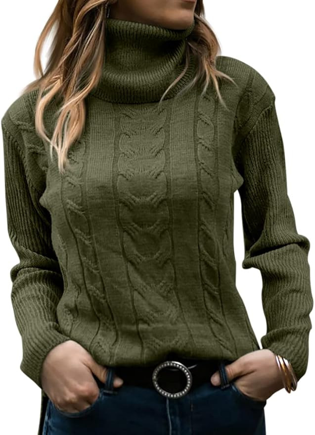 Langwyqu Womens' Turtleneck Long Sleeve Cable Knit Sweaters | Amazon (US)