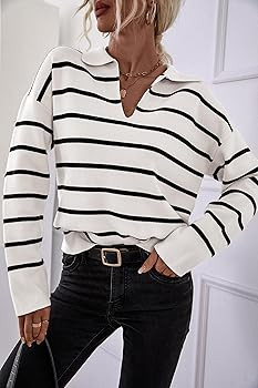 CFLONGE Women's Winter Casual Striped Long Sleeve Polo V Neck Pullover Sweater Loose Fit Drop Sho... | Amazon (US)