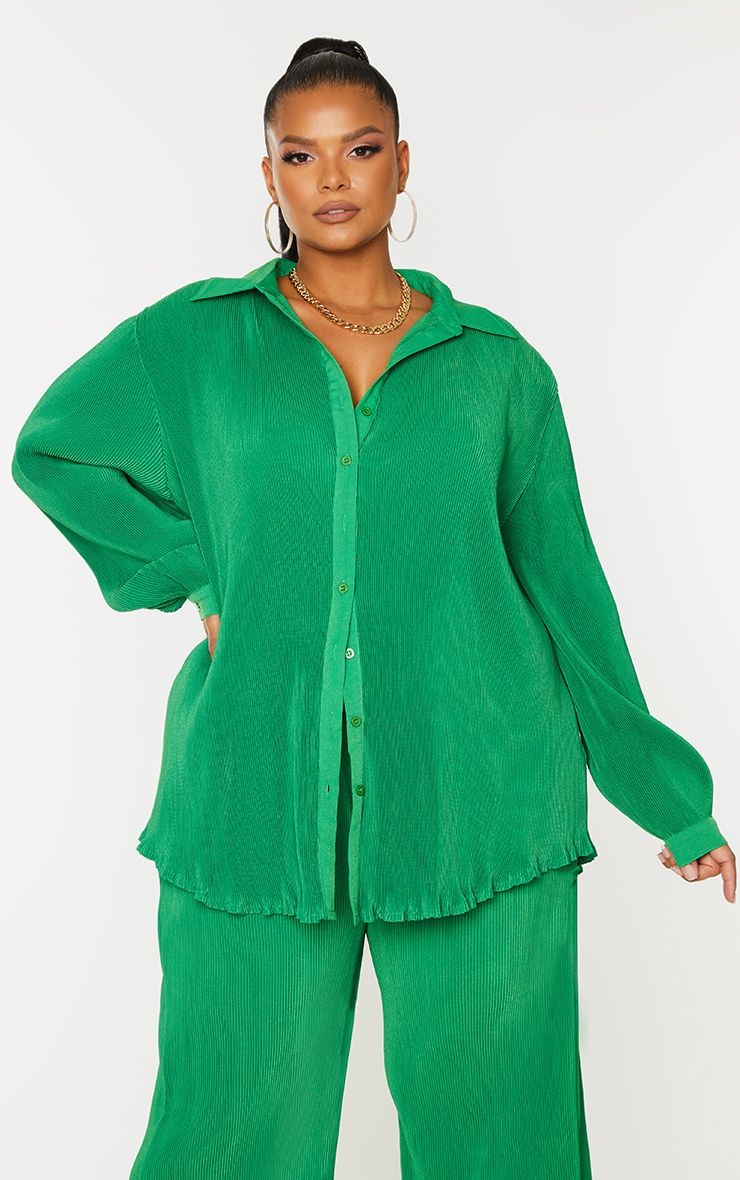 Plus Bright Green Plisse Button Front Oversized Shirt | PrettyLittleThing US