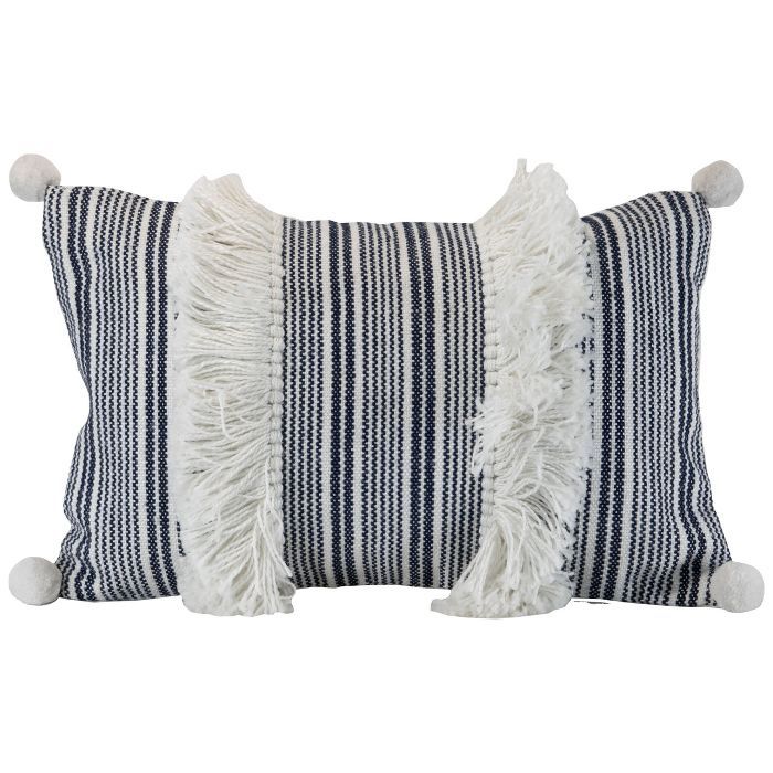 Blue Striped Hand Woven 14x22" Outdoor Decorative Throw Pillow with Hand Tied Tassels and Pom Pom... | Target