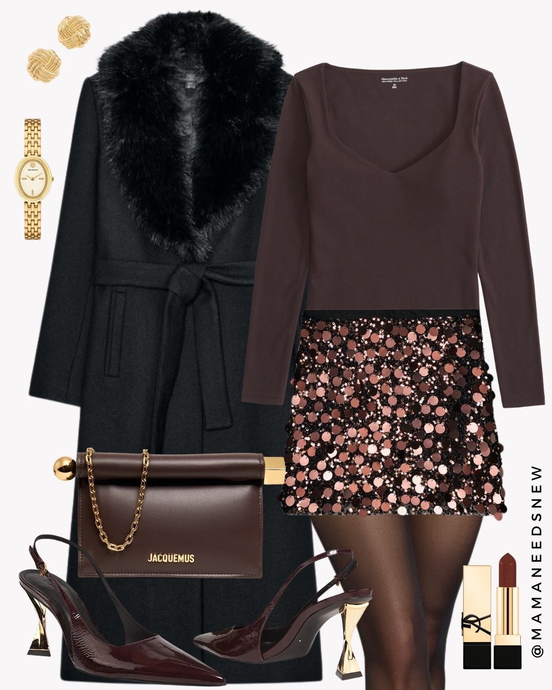 A holiday party outfit with a faux fur collar coat, bodysuit, sequin skirt, heels and clutch bag with chain strap 🤎

#LTKStyleTip #LTKSaleAlert #LTKHoliday