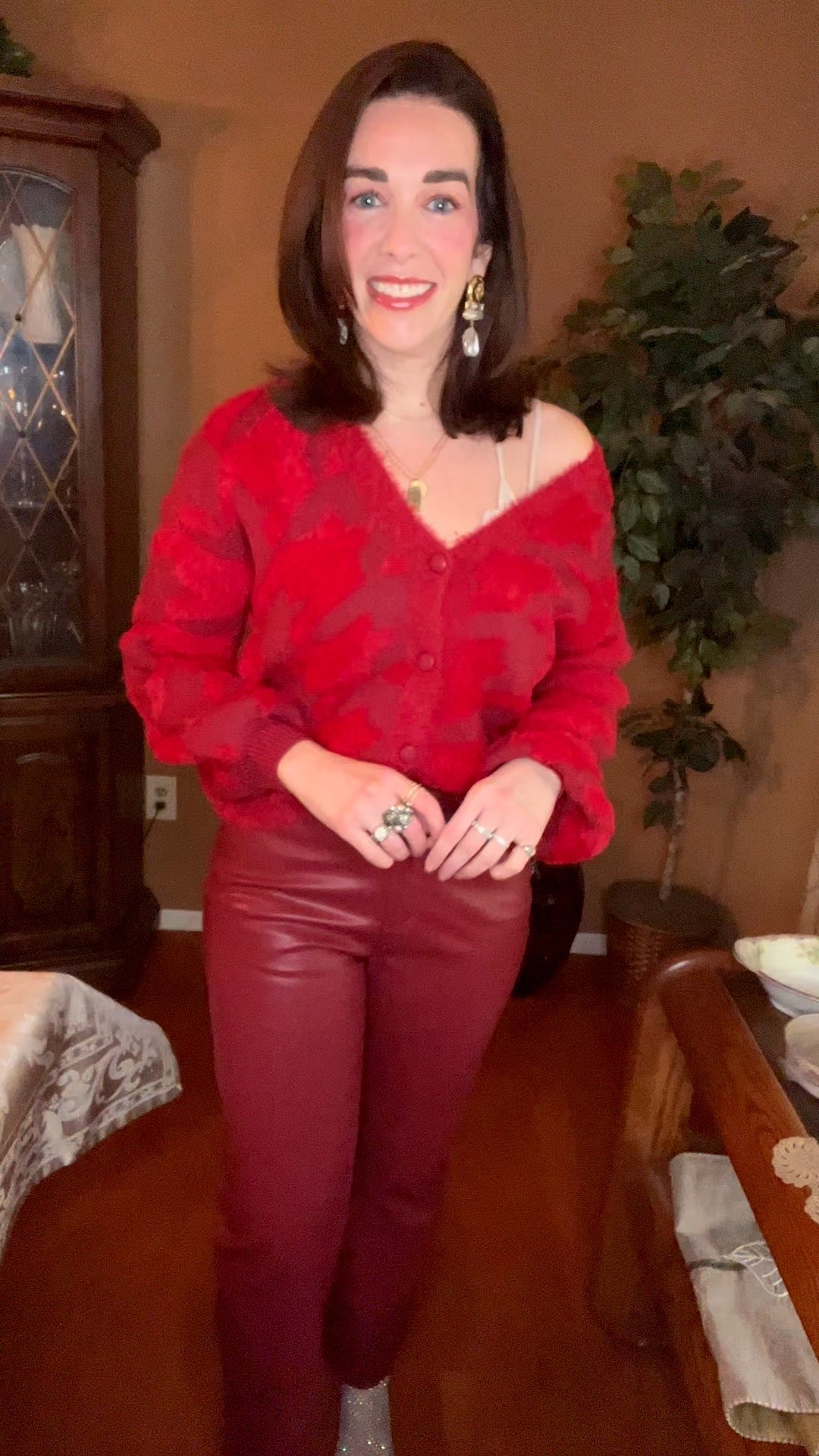 Red fuzzy cardigan (xs). Red leather pants (4). Silver mesh heels (8.5). #cardigan #redcardigan #fuzzycardigan #pants #leatherpants #redpants #heels #silverheels #meshheels #valentinesdayoutfit #winteroutfit 
date night outfits 
valentines outfit women
winter outfits women 

#LTKSeasonal #LTKValentine