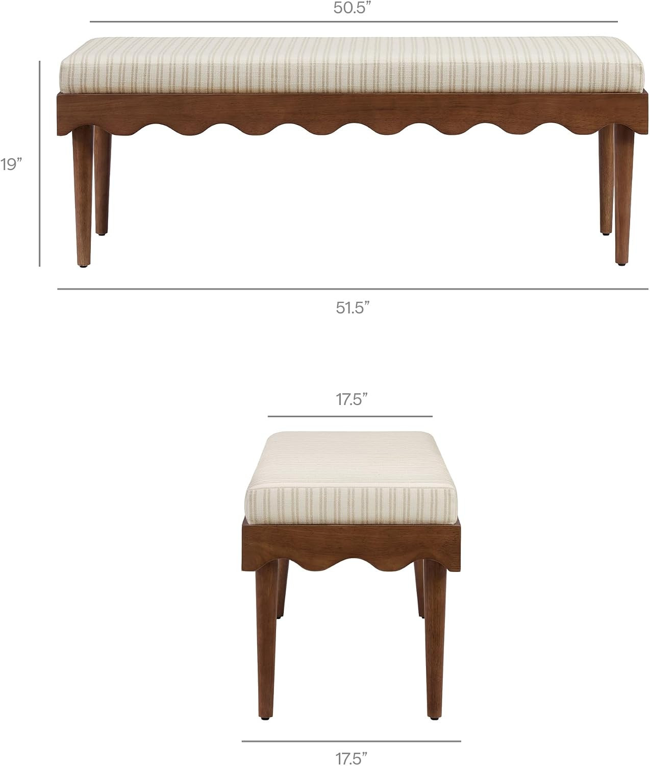 Modway Mirette Upholstered Accent Bench in Oatmeal Stripe – Scalloped Wood Frame Bench with Striped Linen Blend Cushion – Modern Bedroom and Living Room Bench | Amazon (US)