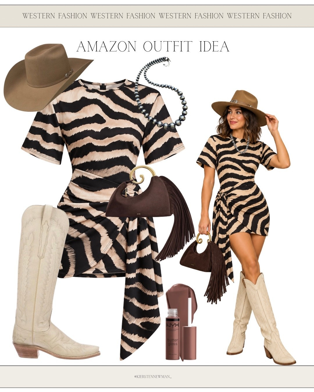 A little wild, a little western! 🤠🖤 This zebra print mini dress paired with cream cowboy boots, a statement western hat, and turquoise-inspired jewelry is the perfect NFR outfit! Complete the look with a fringe handbag for a chic Vegas cowgirl moment!

#NFR2026 #NFRoutfit #WesternFashion #CowgirlStyle #WesternOutfit #AmazonFashion #VegasOutfits #CowgirlChic #LTKStyle #ShopLTK