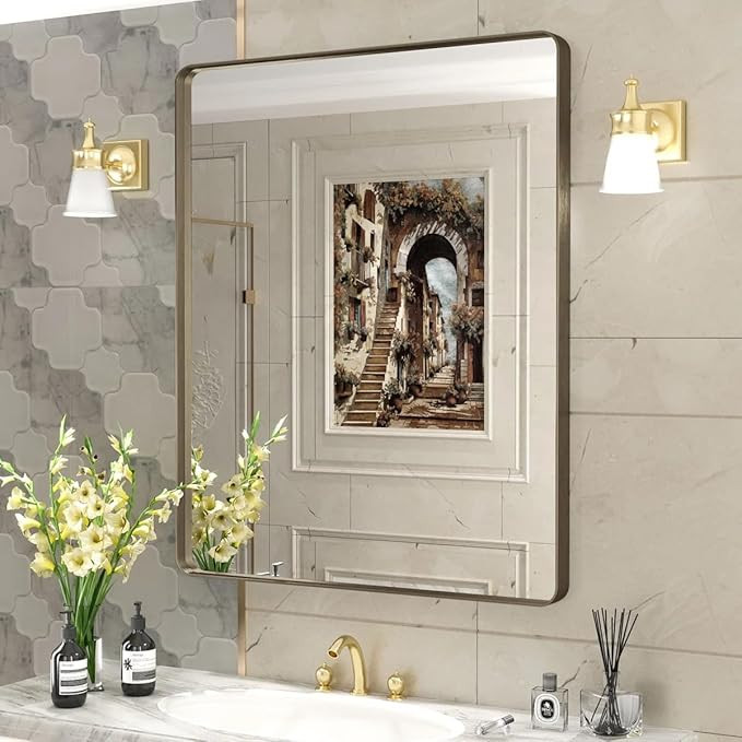 30x36 Bronze Bathroom Wall Mirror, Modern Brushed Metal Framed Mirror for Vanity, Rounded Oil Rub... | Amazon (US)