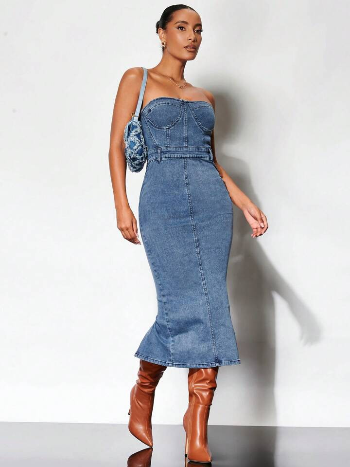 SHEIN x Deborah SHEIN BAE Split Back Tube Denim Dress | SHEIN