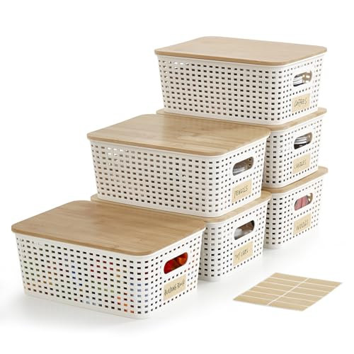 Bagnizer Small Plastic Storage Bins with Bamboo Lids 5.2qt Stackable Box Basket Pantry Decorative Containers Cute with Lable for Organizing Desktop Closet Office Cream White of 6 packs 10*7.2*4.1'’ | Amazon (US)