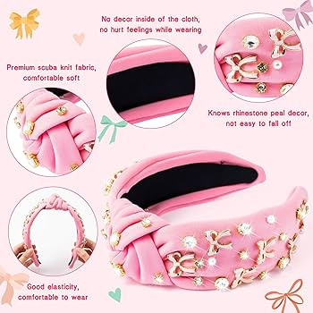 PANTIDE Coquette Pink Bow Jeweled Knotted Headband - Rhinestone Crystal Pearl Embellished Preppy ... | Amazon (US)