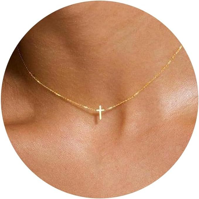 Tewiky Dainty Cross Necklace for Women, 14K Gold Plated/Sterling Silver Simple Cross Choker Neckl... | Amazon (US)
