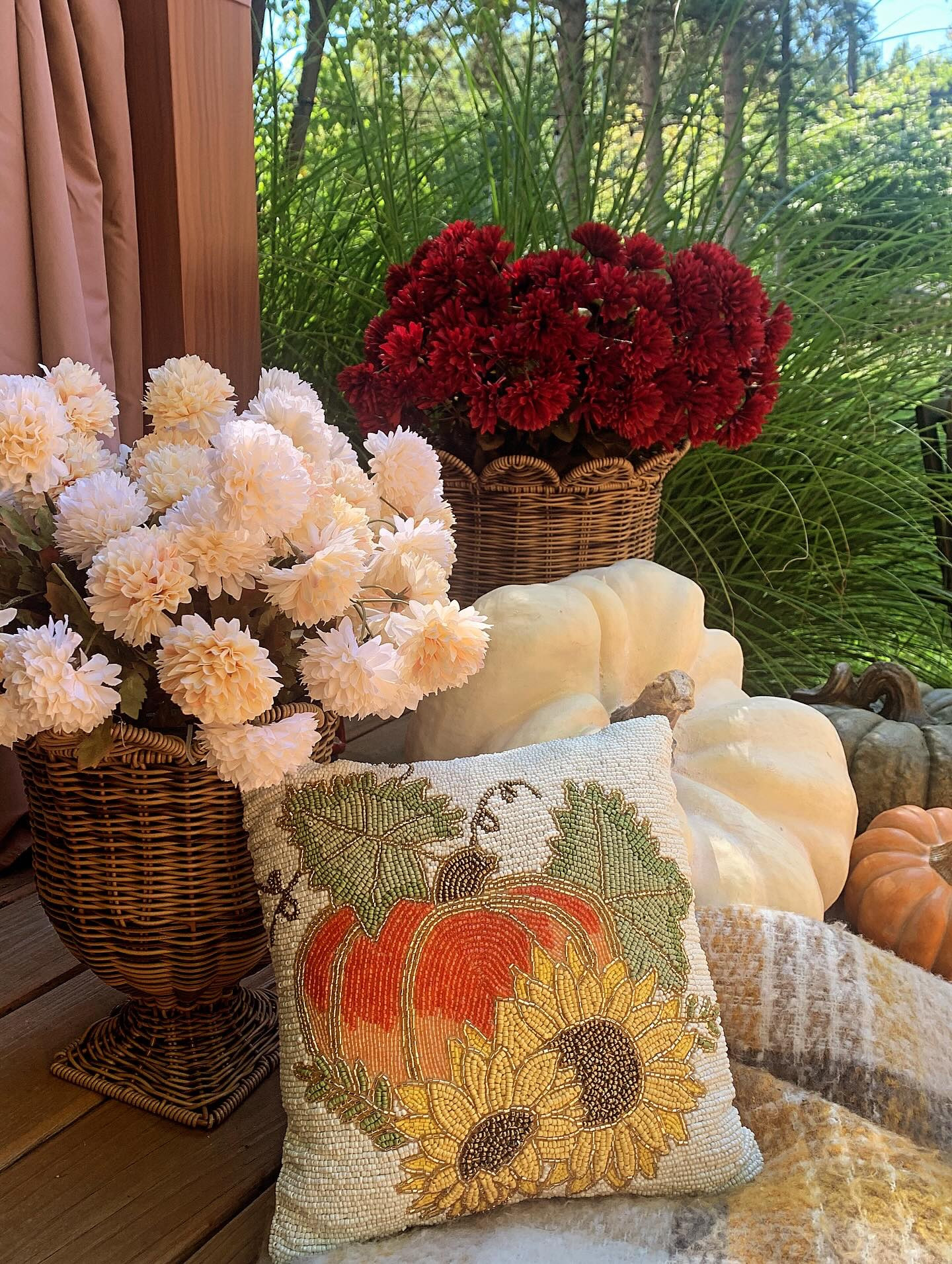 It’s starting to look a bit like fall at our home. I started with the deck and will end with indoors later this week. I’m sure you’ve heard me rant about mums before, it’s an ongoing struggle keeping them alive for the last entire fall season. I tried some new watering methods last year and it did extend their life a bit but not much longer. I’m trying something a bit different this year - artificial mums and heirloom pumpkins. I think I’m going to enjoy being able to enjoy them year after year 🍁 

#fallporch #fallporchdecor #pumpkindecor #mums #heirloompumpkins #cottagefalldecor #englishcottage #acnhcottagecoreinspo #cottagecoreaesthetic #frenchcountrystyle #ａｅｓｔｈｅｔｉｃ