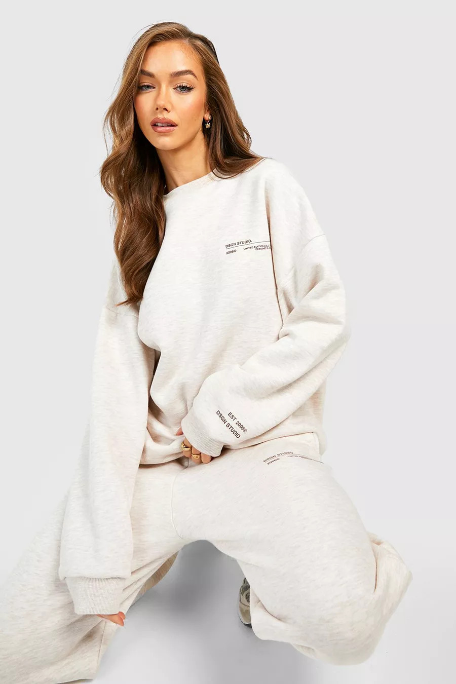 Beige Premium Text Print Oversized Sweater | Boohoo.com (UK & IE)