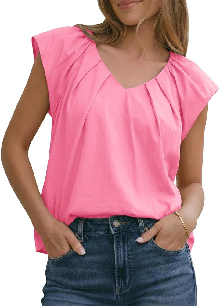 Tankaneo Womens Cap Ruffle Sleeve Tops Summer Dressy Casual V Neck Pleated Blouses Loose Fit Cott... | Amazon (US)