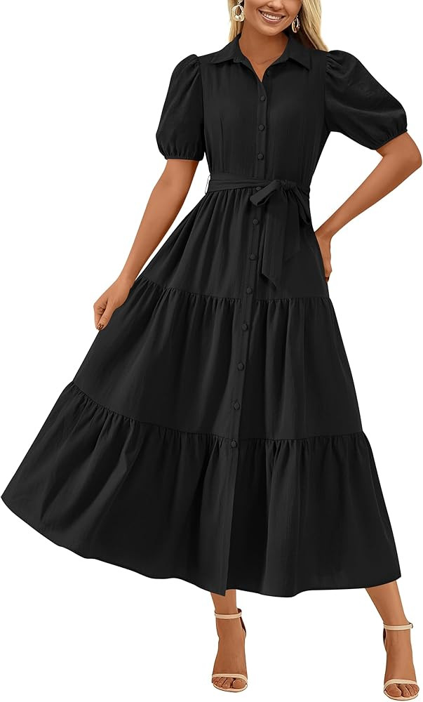 MASCOMODA Womens Summer Dresses 2025 Short Sleeve Maxi Dress Casual V Neck Button Down Tiered A L... | Amazon (US)
