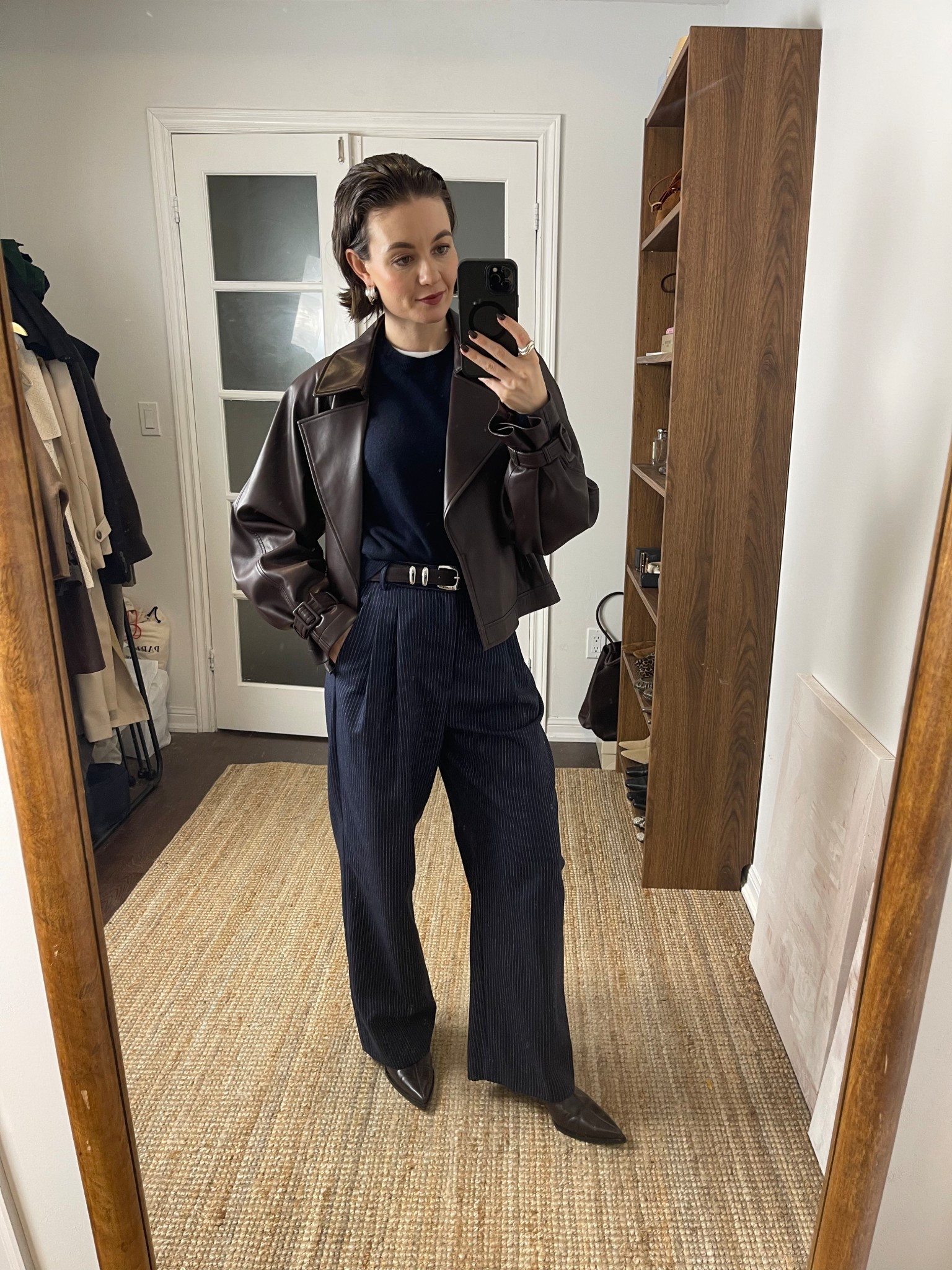 Pinstripe trousers, navy cashmere, brown bomber jacket (s), brown boots

Use Sansha15 for Fabrique 

#LTKFindsUnder100 #LTKSeasonal #LTKStyleTip