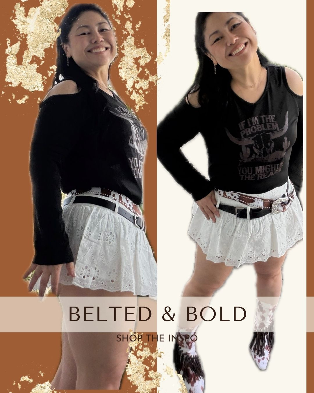 Double the belts, double the fun. White mini skirt with a country tee gets a bold upgrade with a black belt and a cow-print belt combo. Cow-print boots complete the statement and turn heads.

IG: @michellemc8
#CountryChic
#CowPrintStyle
#MiniSkirtSeason
#DoubleBeltTrend
#WesternVibes 

 #LTKdayinmylife #LTKootd #LTKU