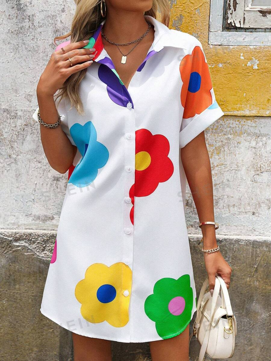 SHEIN LUNE Fashionable Casual White Dopamine Flower Printed Short Sleeve Shirt Dress With Buttons | SHEIN