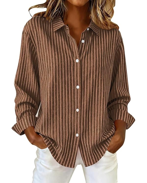 Button Down Shirts for Women Striped Long Sleeve Casual Collared Office Business Work Blouses Fas... | Amazon (US)
